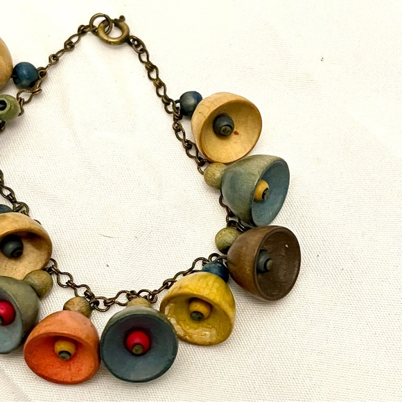 Vintage Boho Charm Bracelet – Hand-Painted Wooden Bells on Chain, EUC - Picture 2 of 4